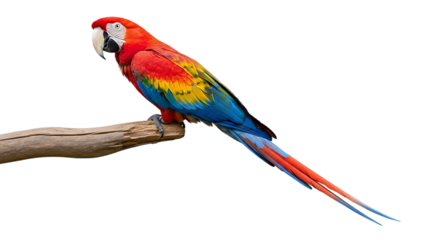 Scarlet Macaw Parrot, with Vibrant Plumage perched on a Wooden Branch, cutout, PNG isolated on white or transparent background