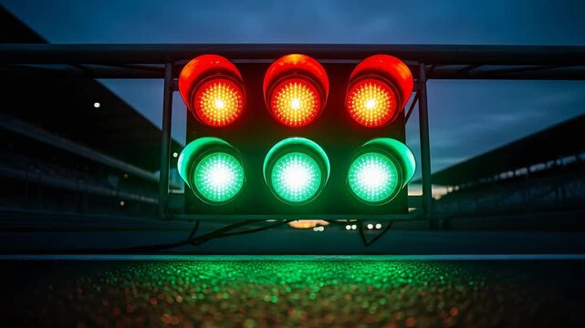 Illuminated race track starting lights signaling green light ready to commence racing