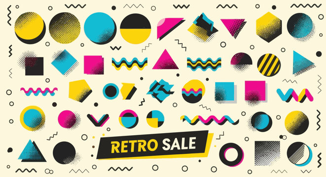 Vibrant retro sale background with halftone geometric shapes and text banner