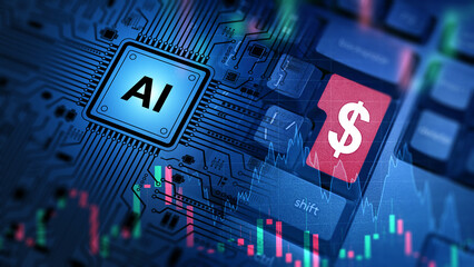 AI-driven financial analysis illustrated by a glowing AI chip fused with a keyboard and dollar symbol, highlighting digital trading, automation, and market forecasting.