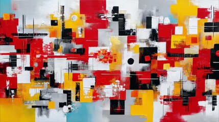 An abstract painting featuring a dynamic arrangement of geometric shapes, primarily squares and rectangles, in bold red, yellow, and white. The composition is l
