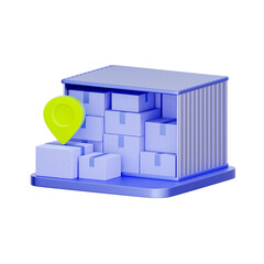 3D icon of a cargo container with boxes and a location pin For shipping logistics, cargo tracking, warehouse storage, and export trade.