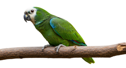 Green parrot, with white head perched on a textured brown branch, cutout, PNG isolated on white or transparent background