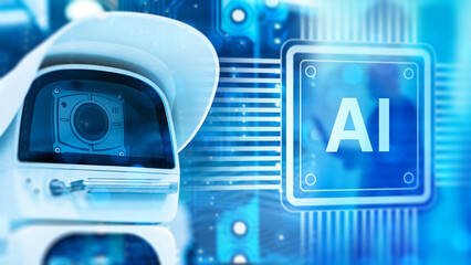 AI-enhanced security surveillance with a close-up camera integrated into a digital system, illustrating smart monitoring, automated threat detection, and intelligent video analysis.