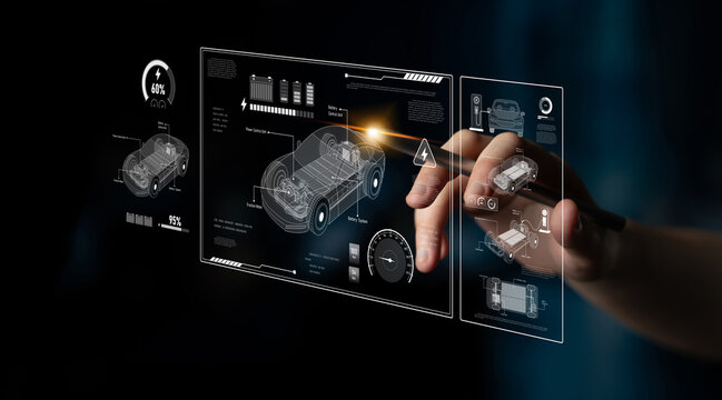 Technical layout of electric vehicle showing battery system, power control, traction motor, charging interface, and integration with renewable and smart energy sources Latch