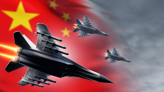 Military aviation demonstrated by fighter jets in formation with missiles mounted, soaring at high speed against the backdrop of the Chinese flag and stormy sky.