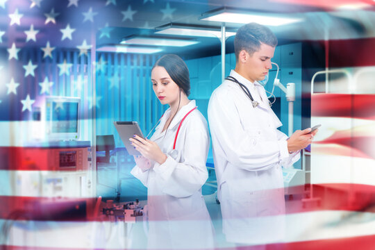 Healthcare services illustrated by two medical professionals using digital devices in a modern clinic, overlaid with the U.S. flag symbolizing national medical support and care.