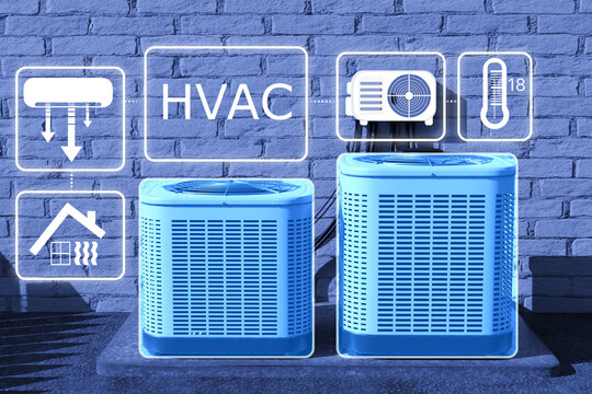 HVAC system maintenance shown by two outdoor cooling units with digital icons illustrating air flow, heating, ventilation, and temperature control for residential climate management.