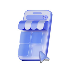 3D icon of a smartphone with a shop awning and mouse cursor For mobile shop interface, app store design, product selection, and user experience.