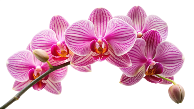 Orchid flowers, cluster of pink and white striped with buds on a stem, cutout, PNG isolated on white or transparent background