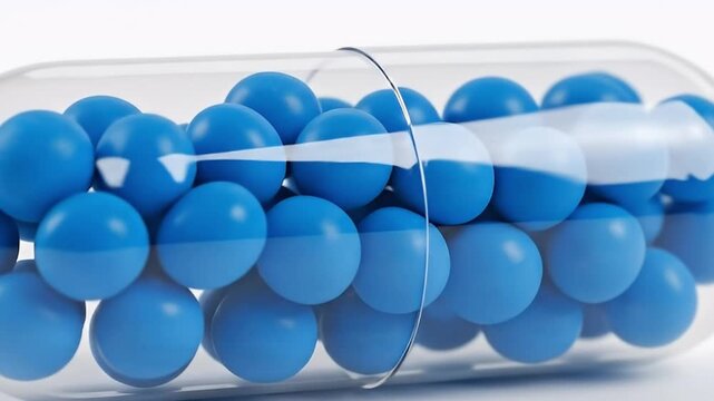 A macro close-up features a sleek, transparent capsule meticulously filled with countless small, uniformly shaped blue spherical particles. The composition highlights the intricate structure and inter