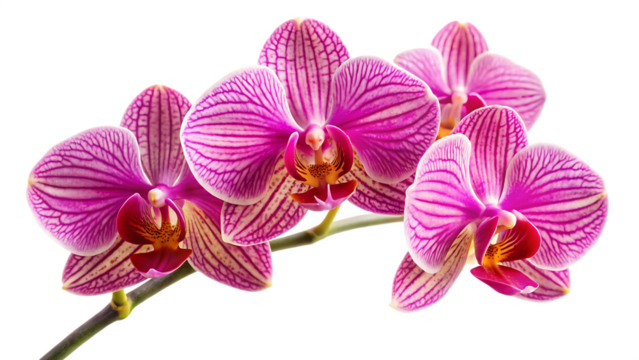 Phalaenopsis orchid flowers, close-up of pink and white striped cluster on a stem, cutout, PNG isolated on white or transparent background