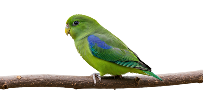 Small green parrot, with blue wing patches perched on a branch, cutout, PNG isolated on white or transparent background