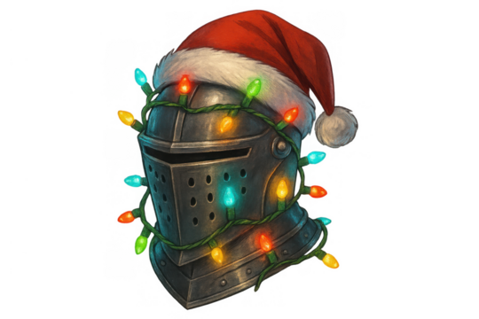 Knight helmet wearing santa hat and christmas lights, celebrating festive medieval holiday on transparent background - Powered by Adobe