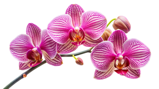 Orchid flowers, pink and white striped with buds on a dark background, cutout, PNG isolated on white or transparent background
