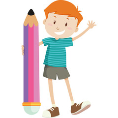 Smiling Young Boy with Orange Hair Wearing Teal Striped T Shirt and Grey Shorts Holding a Large Multicolored Pencil Standing on White Background with Transparent Background