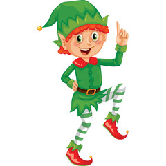 Smiling Young Elf Dressed In Green Outfit With Striped Tights And Red Shoes Dancing Joyfully Outdoors On A White Background