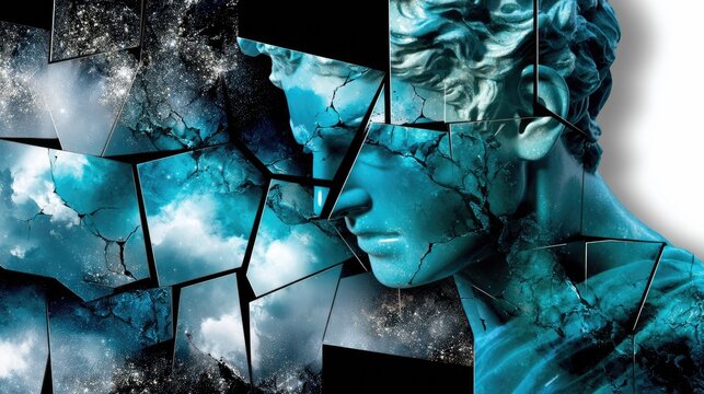 A close-up, profile view of a blue, cracked classical sculpture head, fragmented and overlaid with images of a starry night sky and clouds, creating a surreal,
