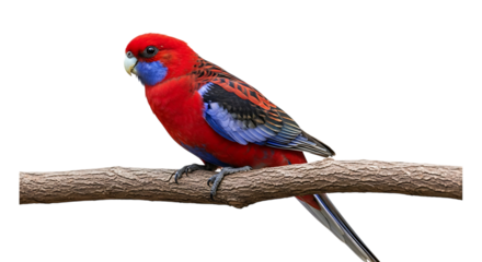 Crimson Rosella Parrot, with Vivid Plumage perched on a Textured Branch, cutout, PNG isolated on white or transparent background