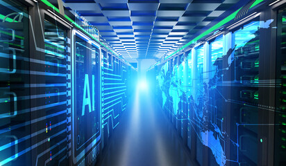 Data center infrastructure powers AI computing, with illuminated server racks, global network graphics, and high-performance hardware supporting advanced digital processing.