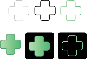 set of minimalist green and white plus cross icons, perfect for health, wellness, medical, or first aid digital applications and clean design projects