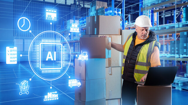 AI-driven warehouse logistics worker manages boxed inventory with a laptop, coordinating smart supply-chain processes and improving storage and distribution efficiency.