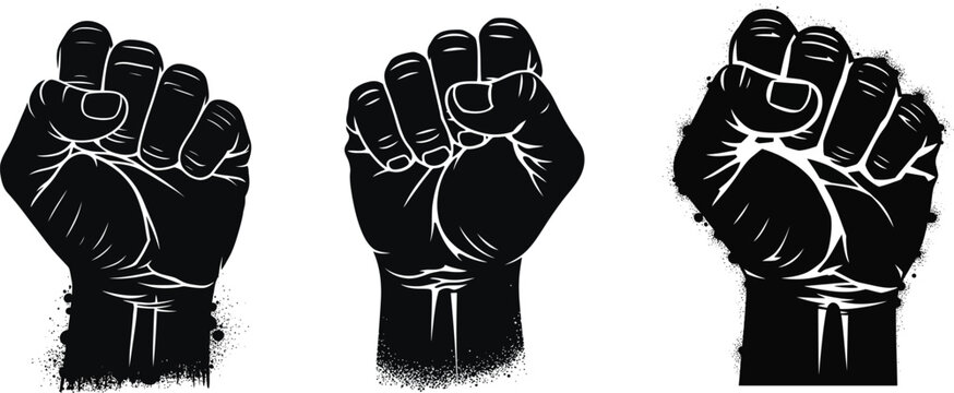 Three black fists raised in solidarity and protest against injustice and oppression
