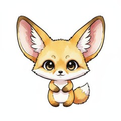 Obraz premium Cute watercolor fennec fox illustration. Little cartoon desert animal with big ears