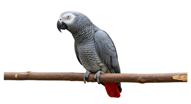 African Grey Parrot, with Bright Red Tail Feathers perched on a Branch, cutout, PNG isolated on white or transparent background