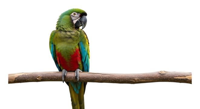 Green and Red Macaw Parrot, perched on a Branch, cutout, PNG isolated on white or transparent background