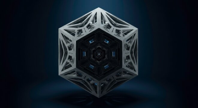 Abstract futuristic metallic cube design with intricate geometric structure floating