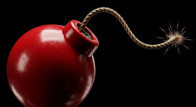 A High-Quality 3D Render of a Classic Round Bomb with a Lit Fuse Against Black