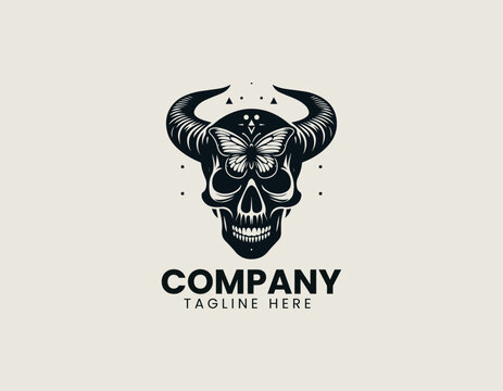 Highly detailed intricate black skull with large curved horns and a mystical butterfly on its forehead.