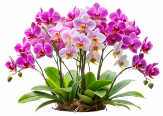 Phalaenopsis orchid bush, lush with pink and white flowers and vibrant green leaves, cutout, PNG isolated on white or transparent background