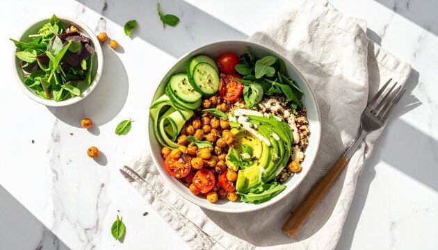 A nutritious power bowl containing quinoa, roasted chickpeas, mixed greens, avocado, and cherry tomatoes rests on a cloth napkin beside a fork with a wooden handle on a sunlit marble surface.