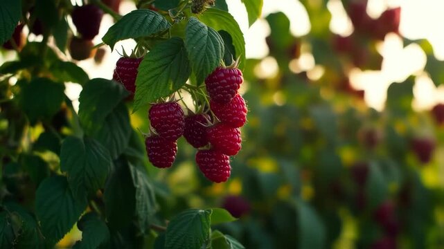 raspberry with green leaves, sunlight