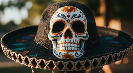 Day of the Dead: Intricate sugar skull on a traditional sombrero, a vibrant Mexican cultural