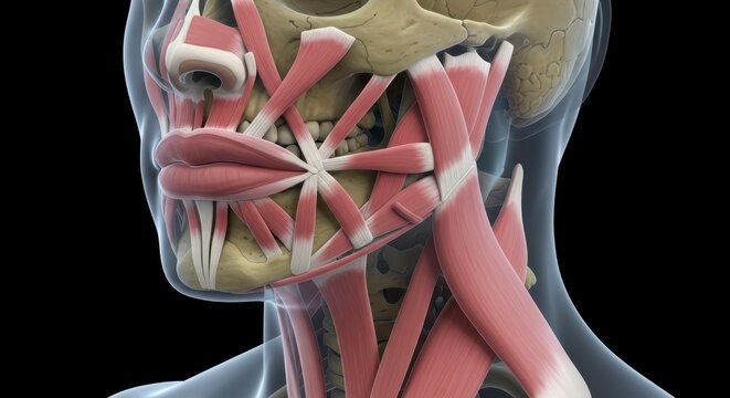 Detailed anatomical rendering showcasing the muscles of the face and neck area