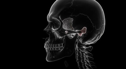 Detailed medical visualization of human skull structure on a black background