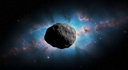 Digital illustration of a solitary asteroid floating against a colorful nebula background creating