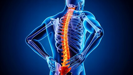 Human spine anatomy highlighting lower back pain in medical illustration  
