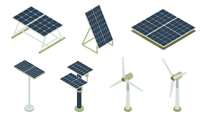 Set of isometric solar panels and wind turbines