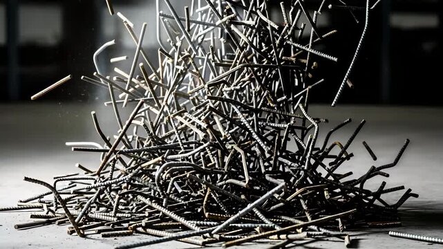 Rebar falling creating pile pile of metal construction or demolition materials