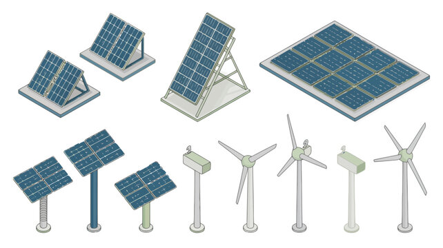 Collection of isometric solar panels and wind turbines for renewable energy