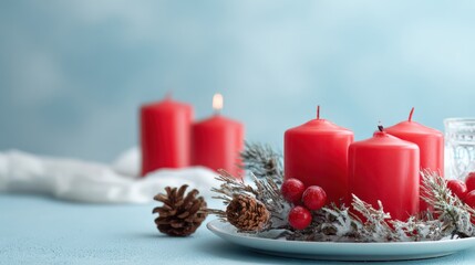 A white plate with four red candles and pine cones on it