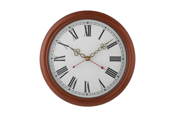 Oval wooden framed clock with roman numerals isolated on transparent background