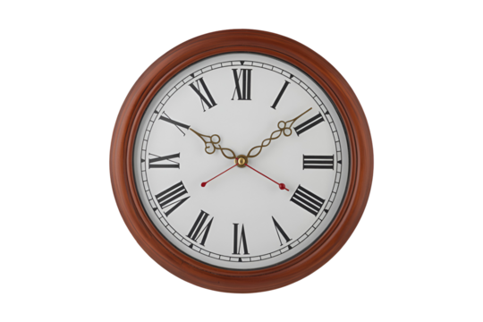 Oval wooden framed clock with roman numerals isolated on transparent background