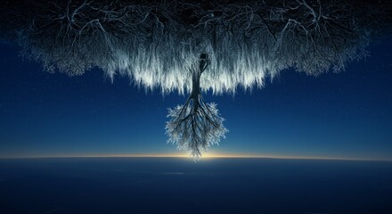 Surreal image of a tree with its branches forming a mesmerizing mirror-like effect against a twilight sky.