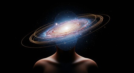 Abstract representation of human imagination with a galaxy encircling a silhouette's head.
