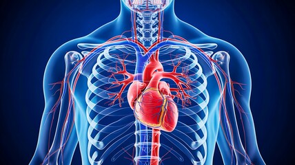 Human heart anatomy with detailed circulatory system illustration  
